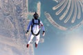 Jump. Free fall in open air. Sky jump like a hobby of extreme people. Flying men make professional jump. Skydiver in Royalty Free Stock Photo