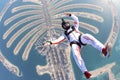 Jump. Free fall in open air. Sky jump like a hobby of extreme people. Flying men make professional jump. Skydiver in Royalty Free Stock Photo