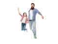 Jump high and love your family. Happy family. Family of father and little daughter jumping with joy. Bearded man and Royalty Free Stock Photo