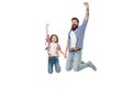 Jump if your father is the best. Happy father and little daughter jumping with joy. Bearded father and small girl child Royalty Free Stock Photo