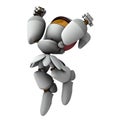 Jump with joy. Impression and urge. A cute white artificial intelligence robot. Isolated white background.