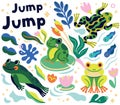 Jump jump. Collection of vibrant cartoon frogs and tadpoles characters are jumping and swimming in the pond Royalty Free Stock Photo