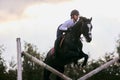 Jump over barrier. Young sportive girl, teen training at riding arena in summer day, outdoors. Dressage of horses Royalty Free Stock Photo