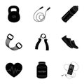 Jump rope, ball, scales other items for health.Gym And Workout set collection icons in black style vector symbol stock