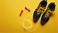 Jump rope sports shoes yellow backgroundMinimalist fitness concept Top view copy space fl lay exercise gym jumprope athletic