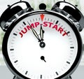 Jump start soon, almost there, in short time - a clock symbolizes a reminder that Jump start is near, will happen and finish Royalty Free Stock Photo