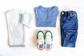 Jumper,t shirt and jeans pants with sneakers. Set of baby children`s clothes and accessories for spring, autumn or summer on whit Royalty Free Stock Photo