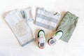 Jumper,t shirt and jeans pants with sneakers. Set of baby children`s clothes and accessories for spring, autumn or summer on whit Royalty Free Stock Photo