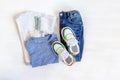 Jumper,t shirt and jeans pants with sneakers. Set of baby children& x27;s clothes and accessories for spring, autumn or Royalty Free Stock Photo
