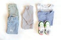 Jumper,t shirt and jeans pants with sneakers. Set of baby children`s clothes and accessories for spring, autumn or summer on whit Royalty Free Stock Photo