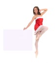 Jumping ballet female dancer with banner