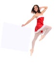 Jumping ballet female dancer with banner