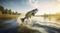 Jumping Bass Fish in River Water. Perfect for Fishing Enthusiasts.