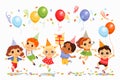 Jumping birthday kids. Little cute friends have fun, children holiday party, balloons, bright decorations and confetti