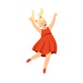 Jumping Blond Girl in Red Dress Feeling Happiness and Excitement Having Fun Vector Illustration