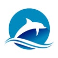 Jumping Blue Dolphin Ocean Wave Circle Shape Symbol Design