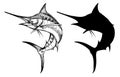 Jumping blue marlin black and white illustration hand drawn style