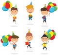 Jumping boys carrying colorful wrapped gift boxes and bright balloons.