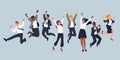 Jumping business people. Cheerful company employees, office managers, team event, men and women in formal suits having Royalty Free Stock Photo