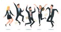 Jumping business team. Office workers jump, happy corporate colleagues jumped together and teamwork fun vector cartoon