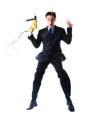 Jumping businessman holding drill Royalty Free Stock Photo