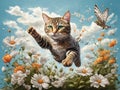 Jumping cat in graden and flowers, ai generated Royalty Free Stock Photo