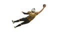 Jumping, catching ball. Man, american football player in uniform playing, training over white studio background. Concept