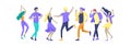 Jumping character in various poses. Group of young joyful laughing people jumping with raised hands. Happy positive Royalty Free Stock Photo