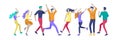 Jumping character in various poses. Group of young joyful laughing people jumping with raised hands. Happy positive young men and Royalty Free Stock Photo