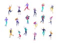 Jumping character in various poses. Group of young joyful laughing people jumping with raised hands. Happy positive young men and Royalty Free Stock Photo