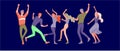 Jumping character in various poses. Group of young joyful laughing people jumping with raised hands. Happy positive young men and Royalty Free Stock Photo