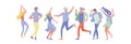 Jumping character in various poses. Group of young joyful laughing people jumping with raised hands. Happy positive Royalty Free Stock Photo