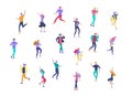 Jumping character in various poses. Group of young joyful laughing people jumping with raised hands. Happy positive Royalty Free Stock Photo