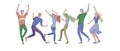 Jumping character in various poses. Group of young joyful laughing people jumping with raised hands. Happy positive Royalty Free Stock Photo