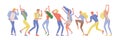 Jumping character in various poses. Group of young joyful laughing people jumping with raised hands. Happy positive Royalty Free Stock Photo