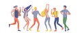 Jumping character in various poses. Group of young joyful laughing people jumping with raised hands. Happy positive young men and Royalty Free Stock Photo