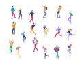 Jumping character in various poses. Group of young joyful laughing people jumping with raised hands. Happy positive Royalty Free Stock Photo