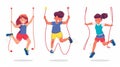 Jumping characters on a skipping rope set. Cardio workout, kids game. People doing aerobic exercise in a sport activity