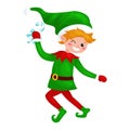 Jumping Christmas elf isolated with sweets in a green suit with, assistant of Santa Claus, boy helper holding candy for