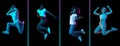 Jumping. Collage of images of four young men and women in motion isolated over black background in neon lights. Flyer