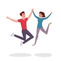 Jumping couple flat vector illustration. Cheerful man and woman, friends, siblings, students cartoon characters. Girl