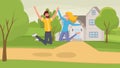 Jumping couple flat vector illustration. Wife and husband cartoon characters celebrating moving into new house. Cheerful