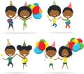 Jumping cute African-American couples carrying colorful wrapped Royalty Free Stock Photo