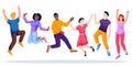 Jumping and dancing multiethnic happy people team. Vector characters illustration. Young carefree men and women