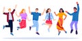 Jumping and dancing multiethnic happy people team. Vector characters illustration. Young carefree men and women