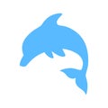 Jumping dolphin - blue silhouette. Cute blue dolphin in cartoon style. Vector illustration for swimming pool brochure or banner. I