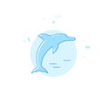 Jumping Dolphin Flat Vector Illustration, Icon. Light Blue Monochrome Design. Editable Stroke Royalty Free Stock Photo