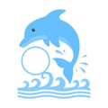 Jumping dolphin and a splash of water. Cute blue dolphin with a circle monogram in cartoon style. Vector illustration for swimming