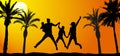 Jumping family on vacation. Silhouettes of people and palm trees, dawn. Vector illustration Royalty Free Stock Photo