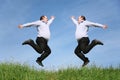 Jumping fat twins on grass collage Royalty Free Stock Photo